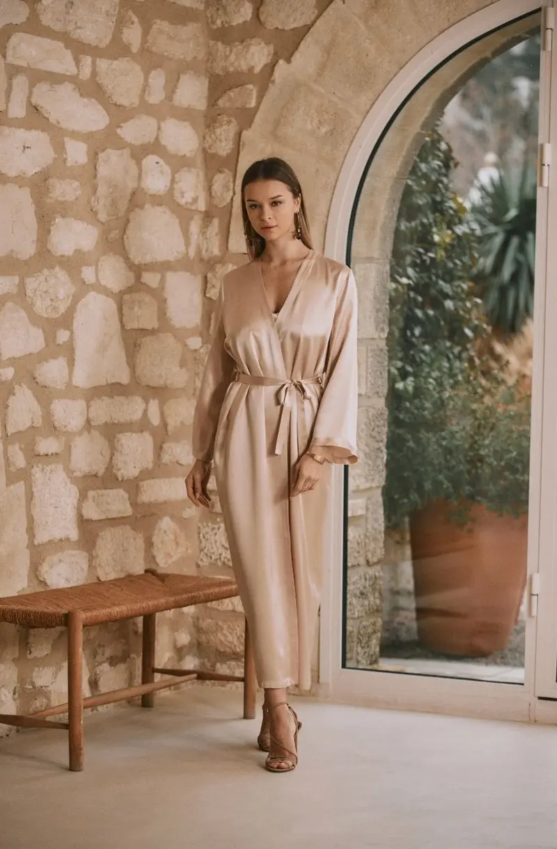 Déshabillé long Tracy en soie beige