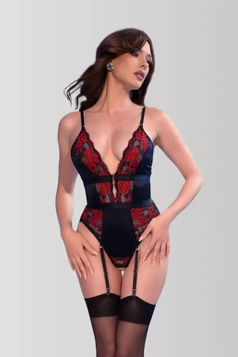 Floral lace suspender bodysuit