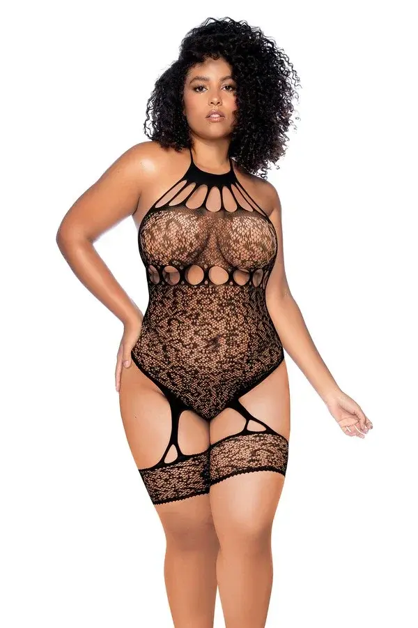 Leopard halter fishnet plus bodysuit