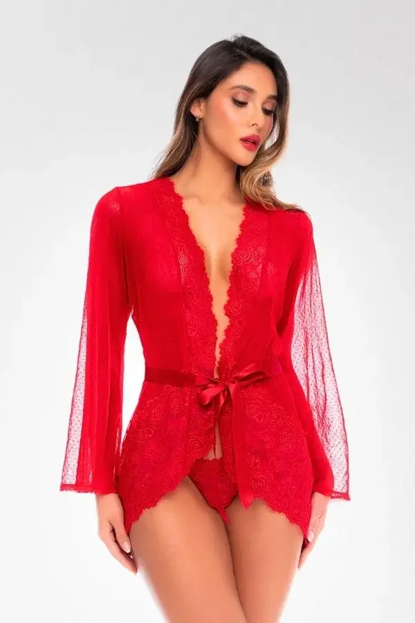 Red dotted mesh robe set