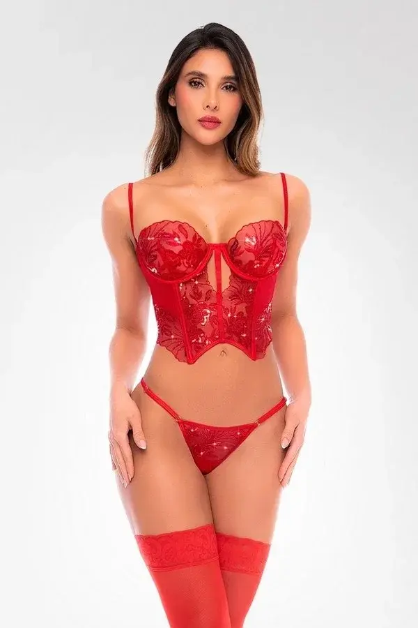 Red sequin embroidered bustier set