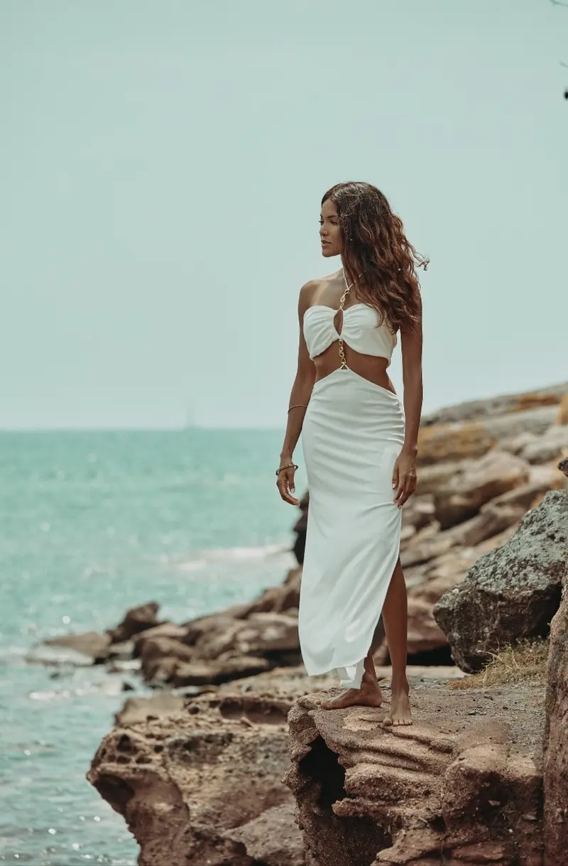 Robe longue sexy Céleste en molleton de coton blanc